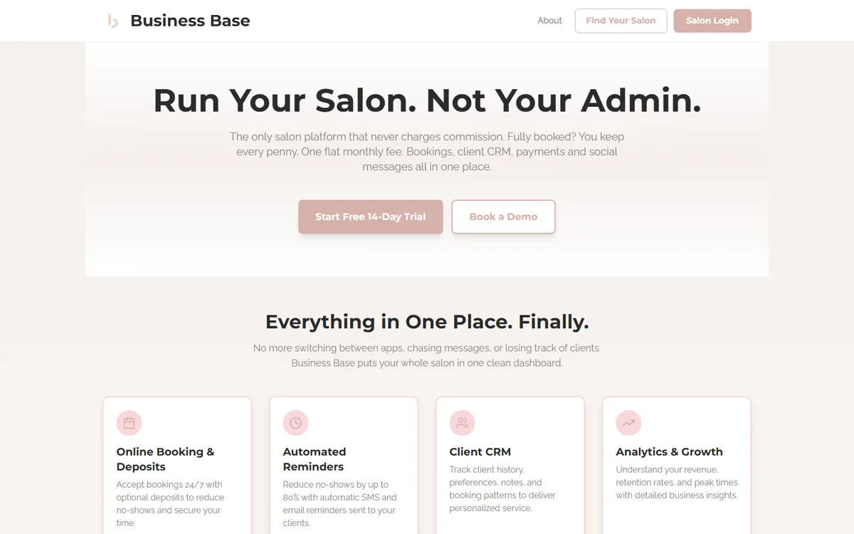 Landing page of the Business Base booking platform